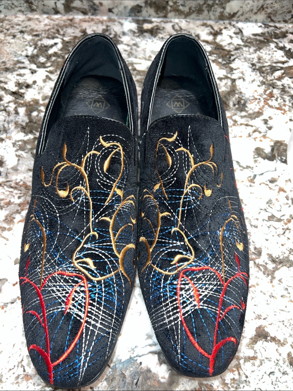 Black Embroidered Slip-On Loafers with Gold, Red & Blue Accents